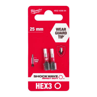 Milwaukee SHOCKWAVE Darbeli Bits Uç HEX 3 x 25 mm 2'li 4932430894 - 1