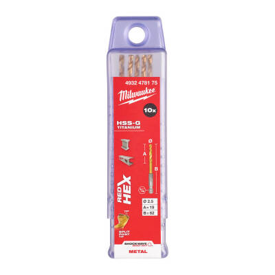 Milwaukee SHOCKWAVE HSS-G TiN Hex Metal Matkap Ucu 2,5 x 62 mm 10'lu 4932478175 - 2